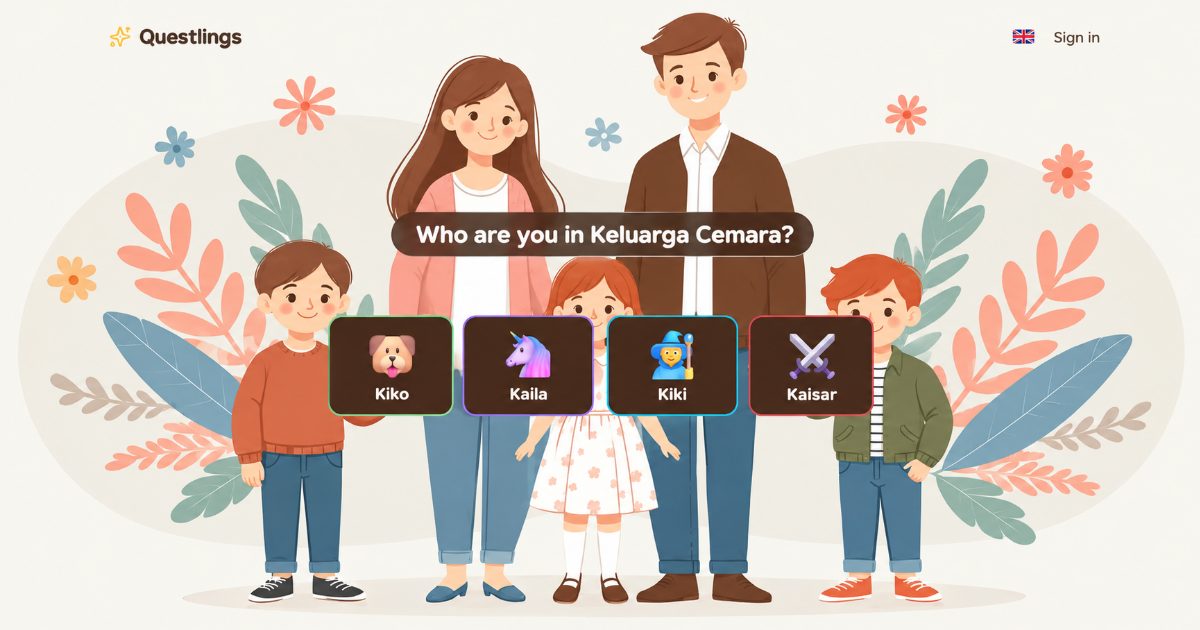 Halaman login anak Questlings: empat kartu avatar di depan ilustrasi keluarga